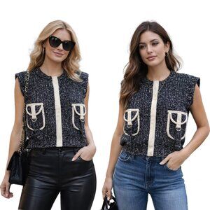 PASHMINA  Cropped Chunky Black and White Marled Knit Sleeveless Vest Size S New